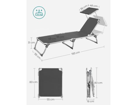 Składany Leżak Regulowane Oparcie Ochrona Przed Słońcem MAKS. 150KG Szary - 3