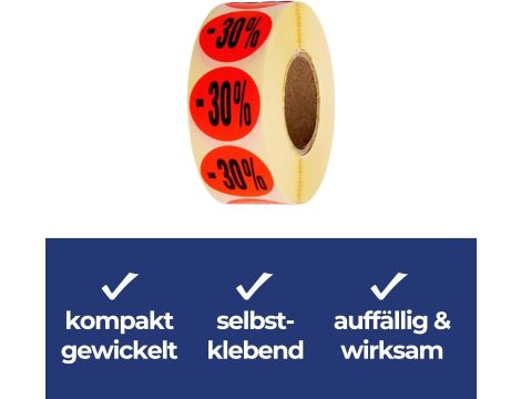 Etykiety Promocyjne – 30% okrągłe 1000szt jaskrawoczerwone na rolce 32 mm - 2