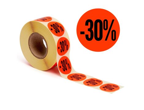 Etykiety Promocyjne – 30% okrągłe 1000szt jaskrawoczerwone na rolce 32 mm