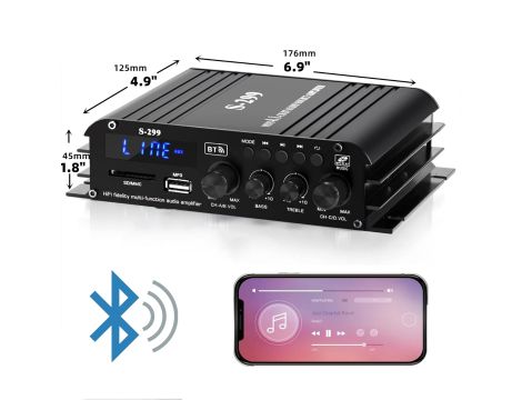 Wzmacniacz Mini HiFi Stereo Bluetooth 5.0 300Wx4 Wyświetlacz LCD Z Pilotem - 7