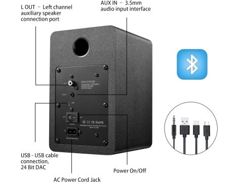 Zestaw Głośników Półkowych Bluetooth 5.0 60W wbudowany 24-bitowy DAC Czarne - 4