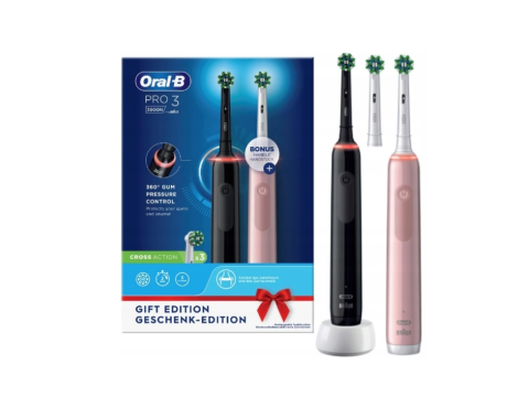 Oral-B Pro 3 3900 DUO 2 Szczoteczki +3 Końcówki DWUPAK róż/czerń - 3