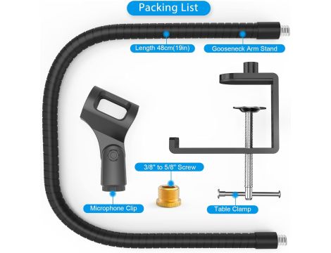 Ramię Mikrofonowe Elastyczny Stojak 360° Z Gęsią Szyją + Adapter 3/8 - 7