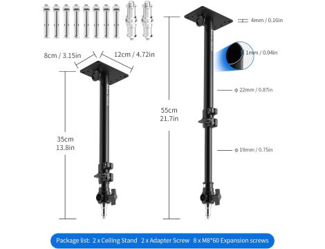 Uchwyt studyjny sufitowo-ścienny 55cm 1/4'' 3/8'' Zestaw 2 Sztuk UWAGA OPIS - 2